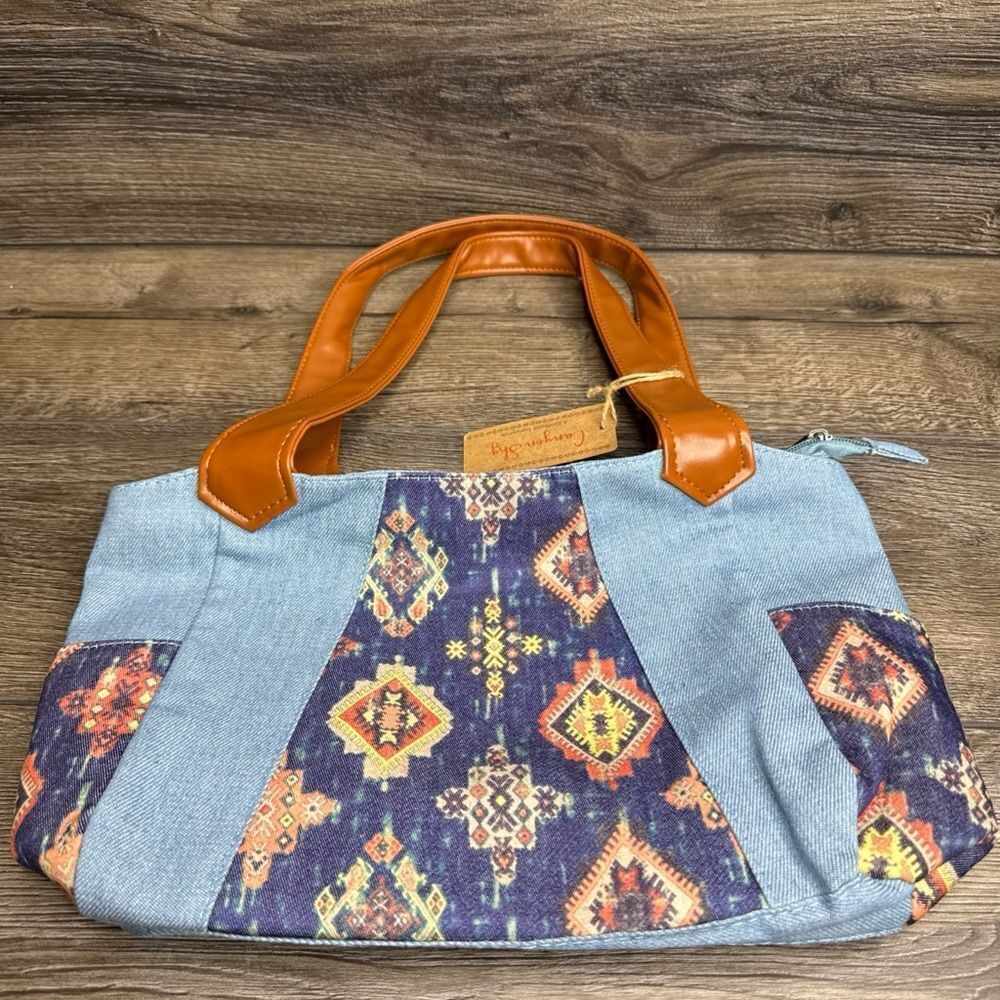 NEW W/TAG CANYON SKY DENIM TRIBAL PRINT HANDBAG - DBL HANDLE/ZIPPER CLOSURE